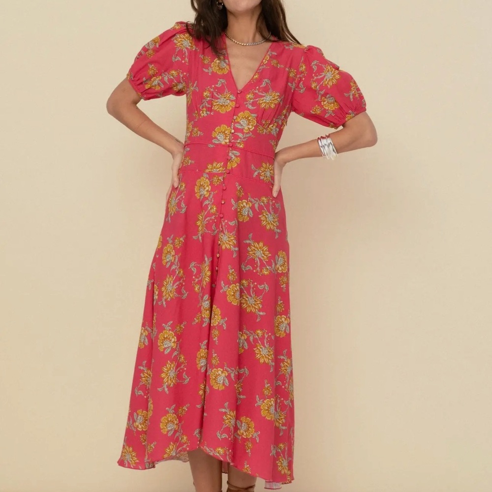 Sonmer poppy Floral Pink Puff Sleeve Dress NWT